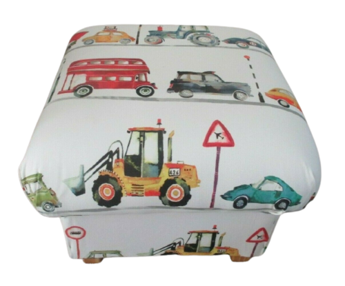 Prestigious On The Road Fabric Footstool Pouffe Footstall Nursery Vehicles Lorries Cars Taxi Bus New
