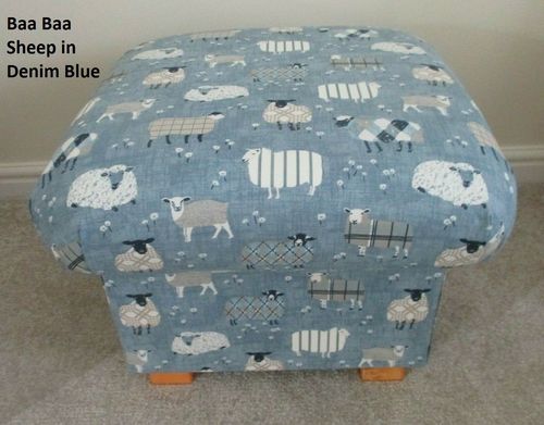 Storage Footstool iLiv Baa Baa Sheep Denim Blue Fabric Pouffe Footstall Patchwork Lambs Animals