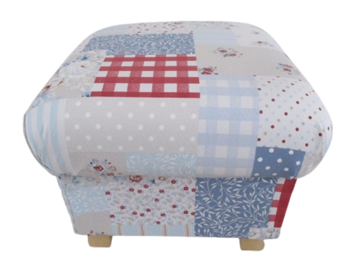 Storage Footstool Clarke Vintage Patchwork Blue Fabric Pouffe Footstall Red Spotty Stripes