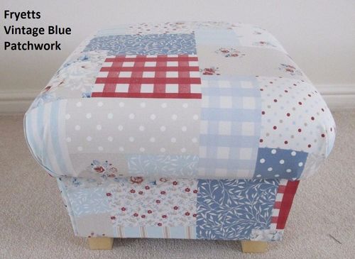 Storage Footstool Clarke Vintage Patchwork Blue Fabric Pouffe Footstall Red Spotty Stripes