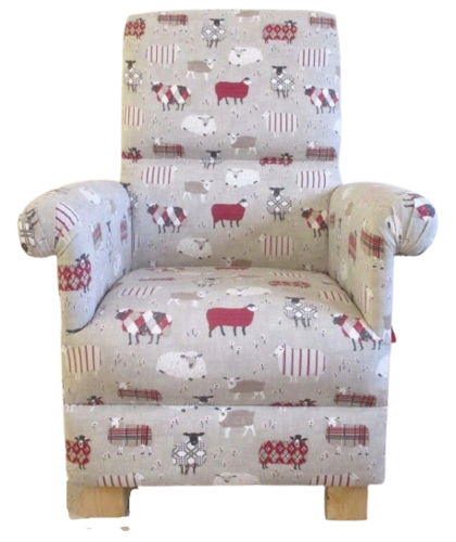 Children's Armchair Baa Baa Sheep Peony Red Fabric Kids Chair Animals Lambs Nursery