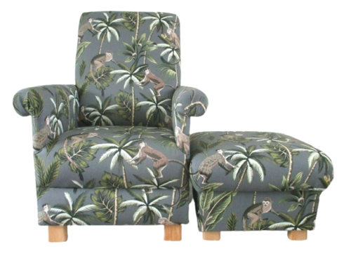 Fryetts Monkeys Grey Fabric Adult Chair & Footstool Safari Animals Armchair Pouffe Nursery