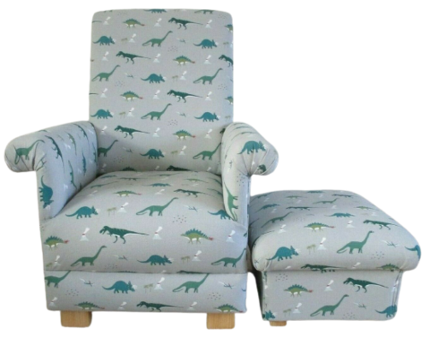 Sophie Allport Dinosaurs Fabric Adult Chair & Footstool Armchair Pouffe Dino Green Grey Nursery