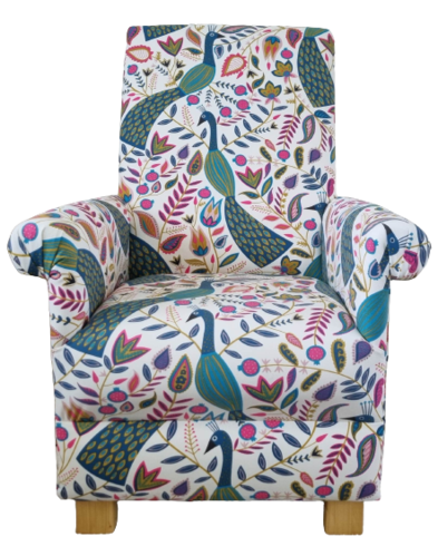 Fryetts Peacocks Teal Fabric Adult Chair Armchair Green Birds Pink Small Bedroom Nursery Statement