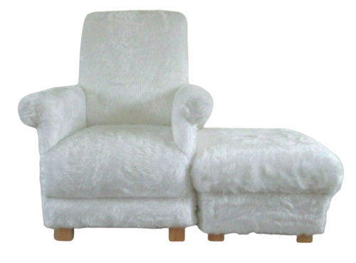White Faux Fur Fabric Adult Chair & Footstool Pouffe Teddy Bear Armchair Furry