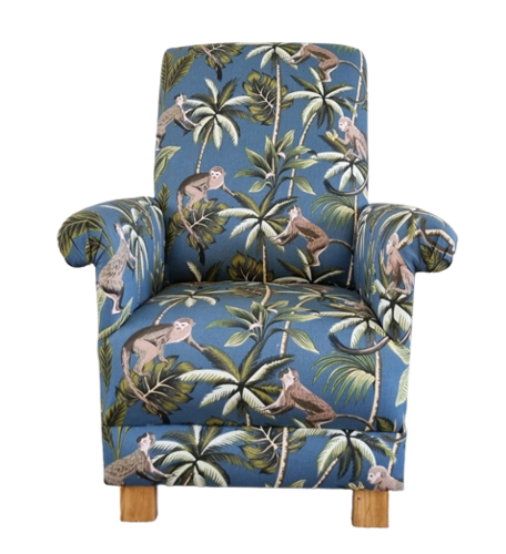 Fryetts Monkeys Teal Fabric Adult Chair Armchair Blue Green Apes Nursery Accent Jungle