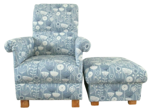 Fryetts Bergen Blue Fabric Adult Chair &amp; Footstool Floral Armchair Pouffe Accent