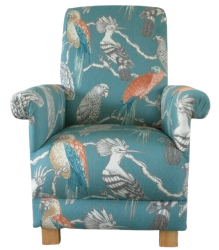 Aviary Lagoon SMD Fabric Adult Chair Armchair Teal Birds Green Orange Accent Bedroom Grey