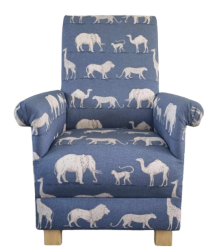 Prairie Animals Fabric Adult Chair Armchair Jungle Safari Nursery Blue Lions Cheetahs Elephants
