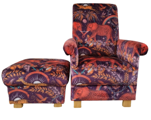 Emma J Shipley Zambezi Wine Red Fabric Adult Chair & Footstool  Accent Animals Armchair Nursery
