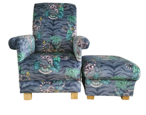 Emma J Shipley Lemur Navy Blue Velvet Adult Chair & Footstool Armchair Monkeys Pouffe