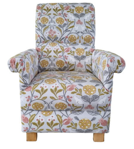 Clarke Forester Ochre & Grey Fabric Adult Chair Armchair Floral Hares Rabbits Pink Accent Nursery