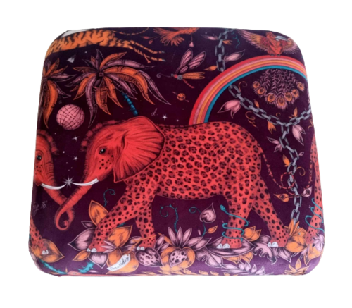 Footstool Emma J Shipley Zambezi Wine Red Velvet Fabric Pouffe Footstall Animals Mammoths Nursery