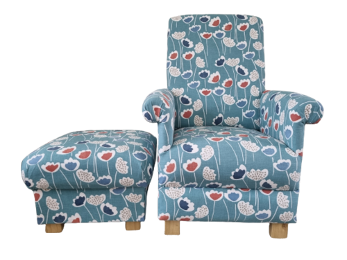 Prestigious Clara Scandi Fabric Adult Chair & Footstool in South Pacific Blue Floral Accent Flowers