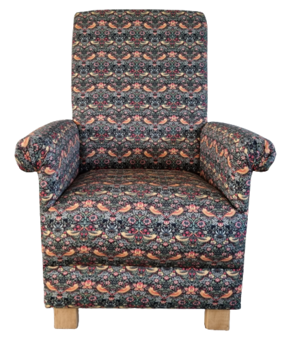 Adult Armchair William Morris Strawberry Thief Fabric Chair Navy Blue Birds Accent Small Statement