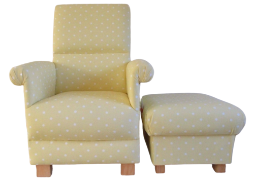 Adult Chair & Footstool in Clarke Yellow Dotty Spot Fabric Armchair Pouffe Polka Dots Nursery Small