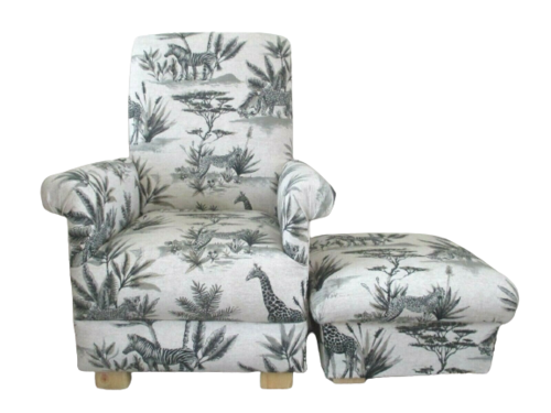 Fryetts Safari Animals Fabric Adult Chair & Footstool Nursery Armchair Small Lions Black Cream