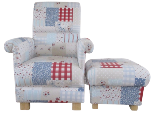 Adult Chair & Footstool in Fryetts Vintage Patchwork Blue Fabric Armchair Red White Spots Stripes