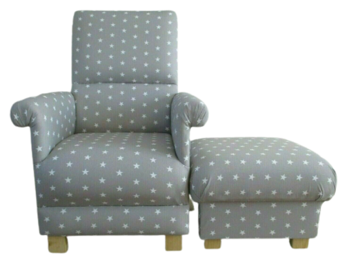 Adult Chair & Footstool in Grey & White Stars Fabric Armchair Nursery Small Accent Pouffe