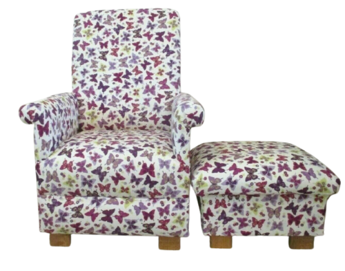Adult Chair & Footstool in Lilac Butterflies Fabric Butterfly Accent Mauve Pink Small Armchair Girls