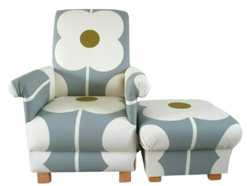 Orla Kiely Abacus Flowers Fabric Adult Chair & Footstool Armchair Grey Mustard Pouffe Nursery