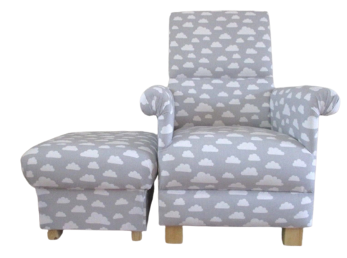 Adult Chair & Footstool in Grey & White Clouds Fabric Armchair Nursery Small Accent Pouffe
