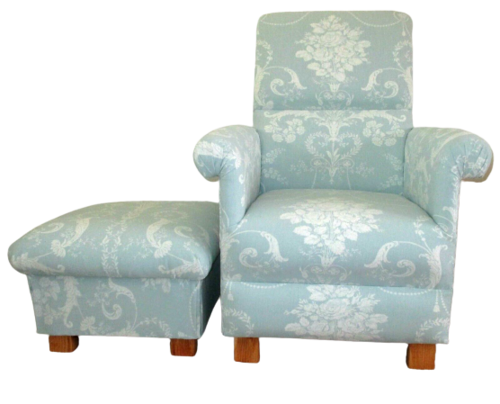 Laura Ashley Josette Duck Egg Fabric Adult Chair & Footstool Green Armchair Accent Bedroom Small