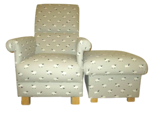 Sophie Allport Sheep Fabric Adult Chair & Footstool Lambs Grey White Armchair Nursery Nursing Small