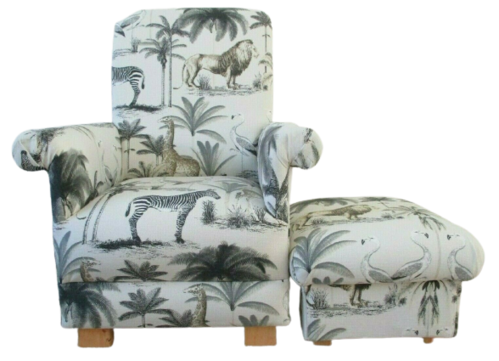 Prestigious Longleat Chartreuse Grey Fabric Adult Chair & Footstool Safari Animals Nursery