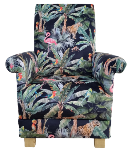 Jungle Midnight Botanical Velvet Fabric Adult Chair Armchair Animals Leopards Flamingo Nursery