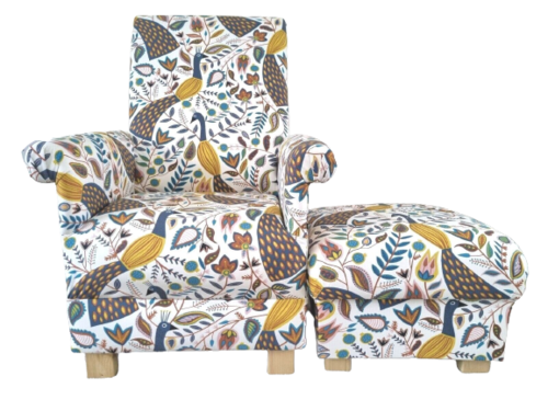 Fryetts Peacocks Ochre Fabric Adult Chair & Footstool Mustard Armchair Birds Yellow Floral Small