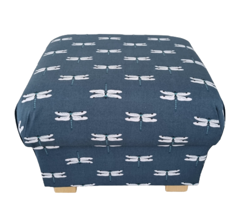 Sophie Allport Dragonflies Fabric Footstool Navy Blue Pouffe Botanical Insects Footstall