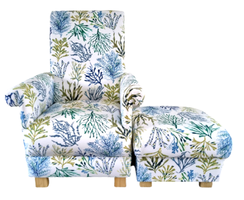 Adult Chair & Footstool Prestigious Coral Seaweed Fabric Armchair Coastal Small Blue White