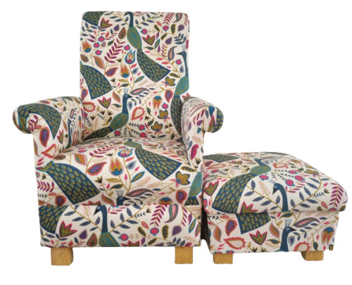Adult Chair & Footstool Fryetts Peacocks Teal Fabric Armchair Green Birds Accent Pouffe