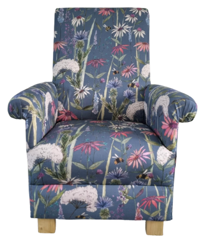 Adult Armchair Voyage Hermione Indigo Blue Fabric Chair Floral Botanical Small Purple Bees Accent