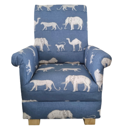 Blue Prairie Animals Fabric Children's Chair Kids Armchair Elephants Boys Girls Safari Bedroom