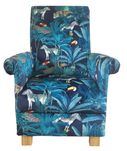 Adult Armchair Tropical Velvet Fabric Chair Animals Jungle Tigers Accent Nursery Teal Blue