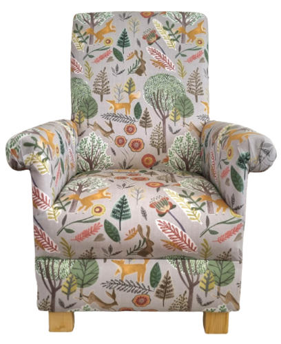 Voyage Maison Oronsay Woodland Animals Fabric Adult Chair Armchair Grey Pink Green Foxes Accent