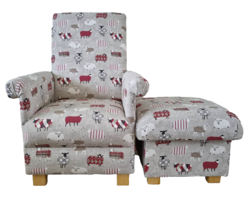 Adult Armchair & Footstool iLiv Baa Baa Peony Red Sheep Animals Chair Patchwork Nursery
