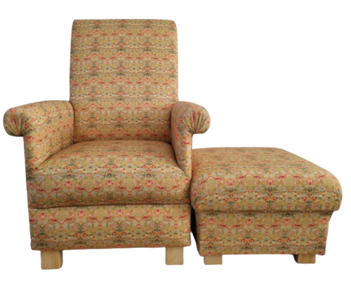 Adult Chair & Footstool William Morris Strawberry Thief Ochre Fabric Armchair Mustard Yellow Accent