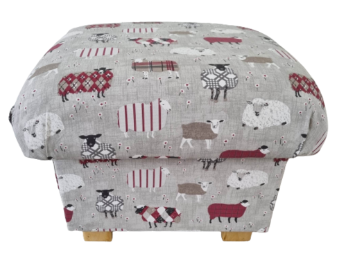 Storage Footstool iLiv Baa Baa Sheep Peony Red Fabric Patchwork Animals Lambs Farm Nursery Accent