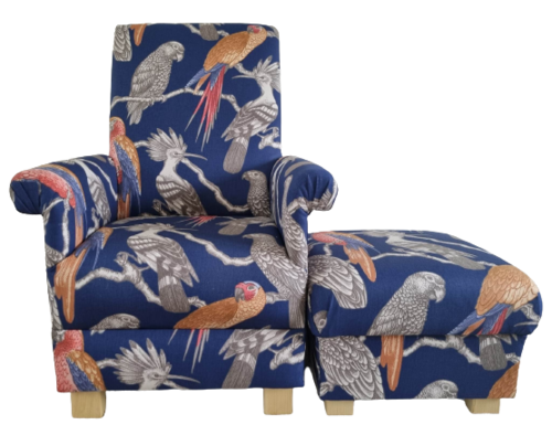 Adult Armchair & Footstool iLiv Aviary Garden Marine Navy Blue Fabric Chair Accent Small Birds