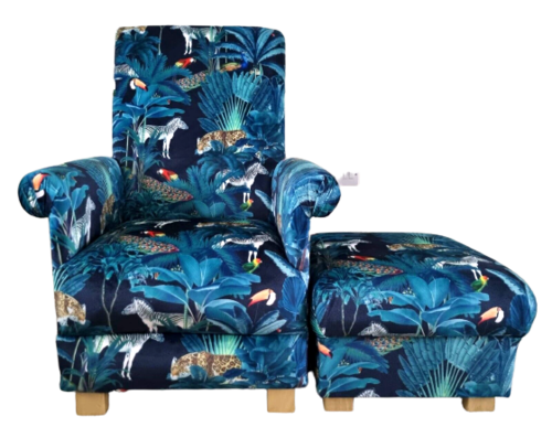 Tropical Jungle Velvet Fabric Adult Chair & Footstool Zebra Accent Animals