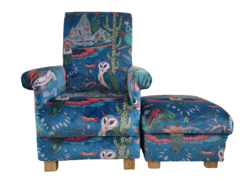 Emma J Shipley Frontier Velvet Teal Fabric Adult Chair & Footstool Armchair Accent Small Birds