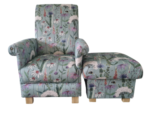 Voyage Hermione Verde Green Fabric Adult Chair & Footstool Armchair Bees Floral Flowers Small Accent