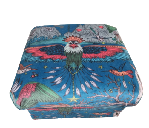 Emma Shipley Frontier Paradise Velvet Fabric Footstool Eagles Teal Birds Pouffe Ottoman