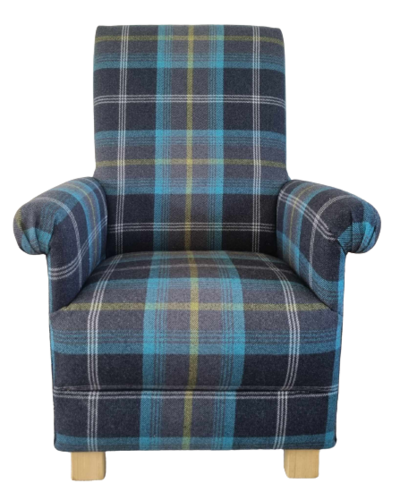 Porter & Stone Balmoral Azure Blue Fabric Adult Chair Tartan Check Armchair Ochre Accent Scottish