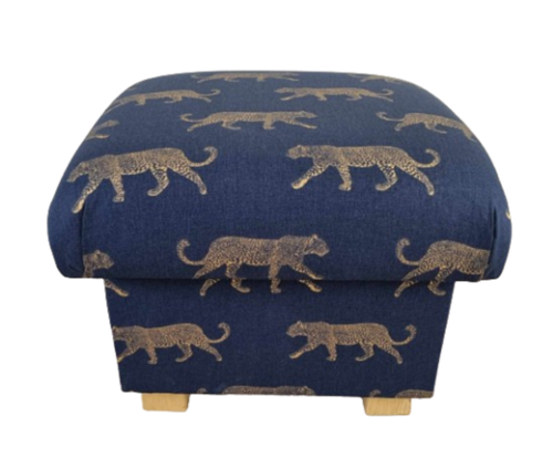 Storage Footstool Fryetts Leopards Indigo Blue Fabric Pouffe Gold Animals Navy Big Cats