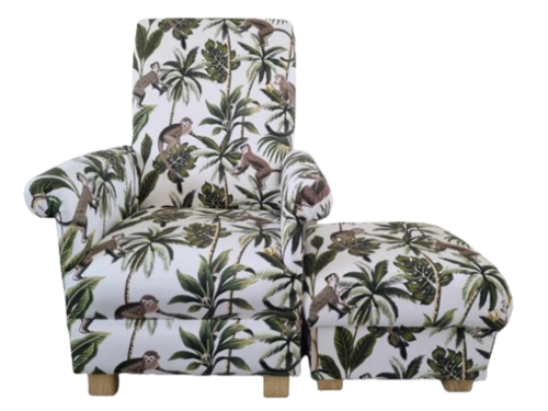 Fryetts Monkeys Natural Fabric Adult Chair & Footstool Armchair Jungle Green Pouffe Nursery