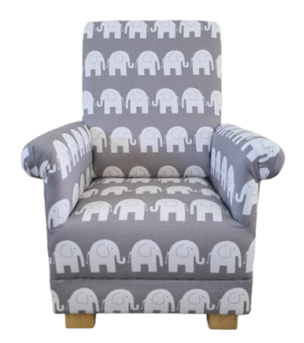 Children's Grey White Elephants Fabric Armchair Kids Chair Boys Girls Animals Nursery